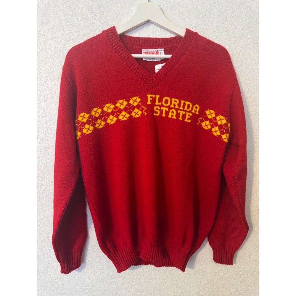 Vintage‎ Florida State Seminoles Sweater V Neck Red Yellow Argyle 1980s